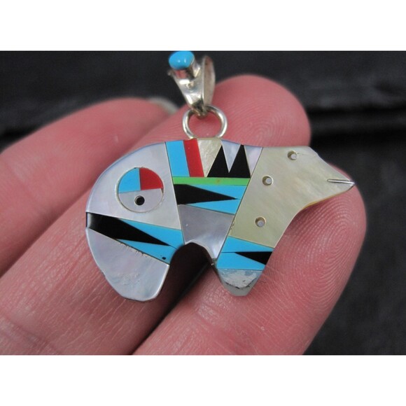 Southwestern Sterling Inlaid Bear Pendant - Picture 9 of 10